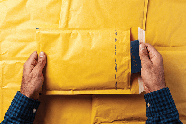 Man pulling passport out of envelope