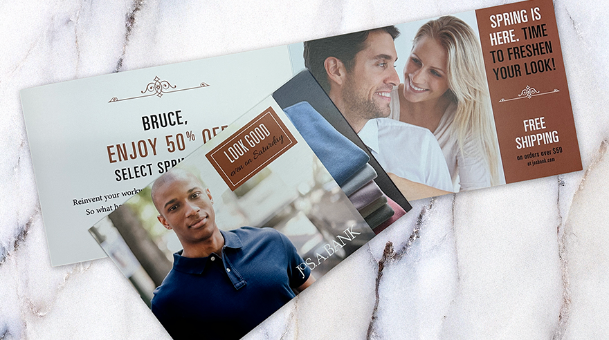 Image of a personalized direct mail piece sitting on a counter